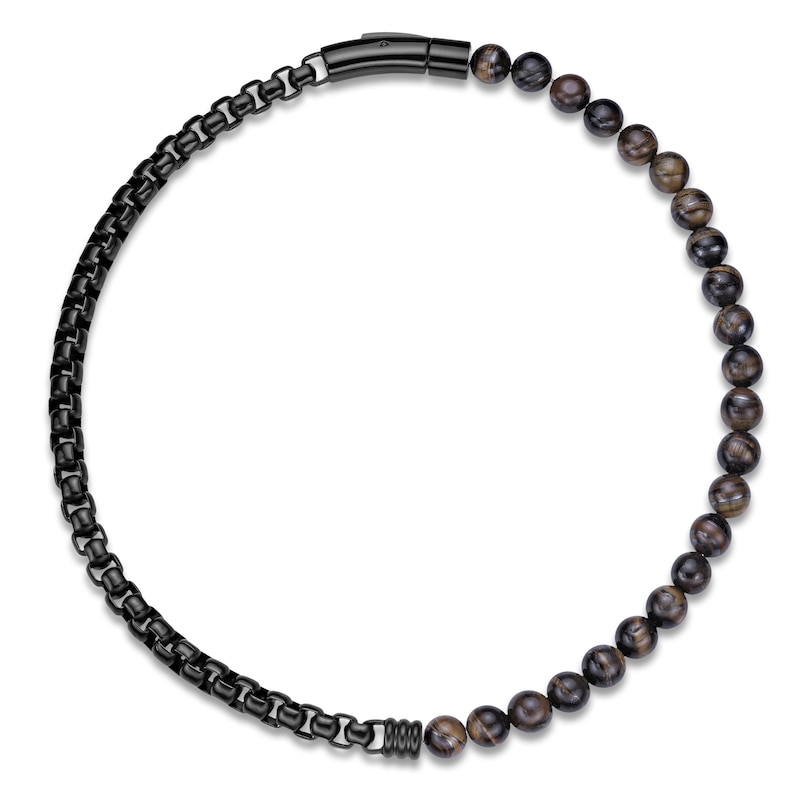 Main Image 2 of Men's Natural Tiger's Eye Quartz Bead & Box Chain Layered Bracelet Black Ion-Plated Stainless Steel 8.5"