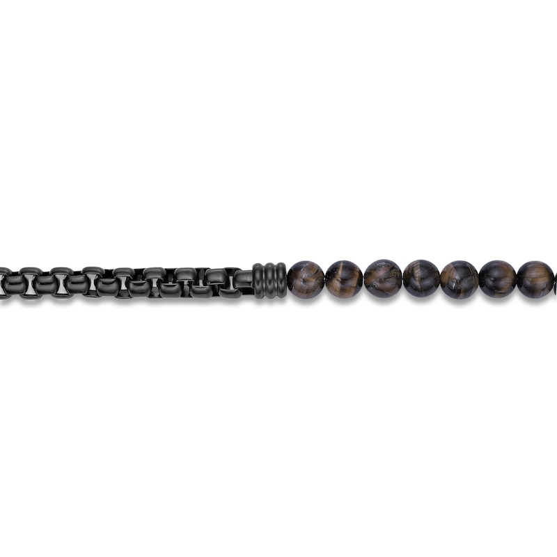 Main Image 3 of Men's Natural Tiger's Eye Quartz Bead & Box Chain Layered Bracelet Black Ion-Plated Stainless Steel 8.5"