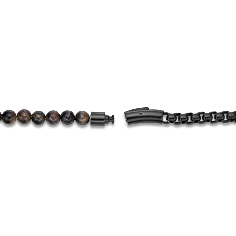 Main Image 4 of Men's Natural Tiger's Eye Quartz Bead & Box Chain Layered Bracelet Black Ion-Plated Stainless Steel 8.5"