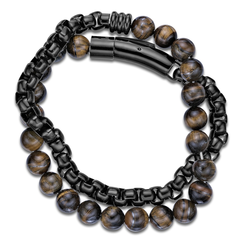 Main Image 5 of Men's Natural Tiger's Eye Quartz Bead & Box Chain Layered Bracelet Black Ion-Plated Stainless Steel 8.5"