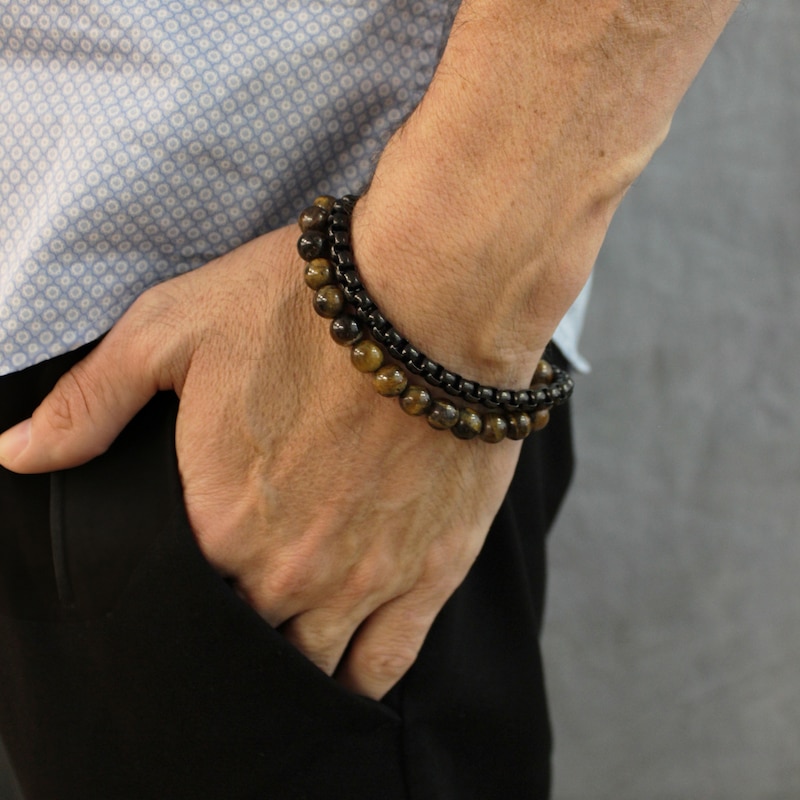 Main Image 7 of Men's Natural Tiger's Eye Quartz Bead & Box Chain Layered Bracelet Black Ion-Plated Stainless Steel 8.5"