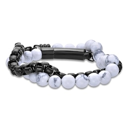 Men's Natural Howlite Bead & Box Chain Layered Bracelet Black Ion-Plated Stainless Steel 8.5"