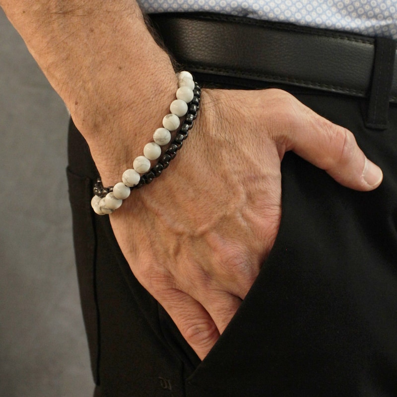 Main Image 6 of Men's Natural Howlite Bead & Box Chain Layered Bracelet Black Ion-Plated Stainless Steel 8.5"