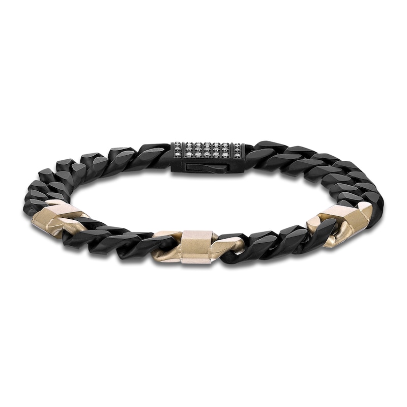 Main Image 1 of Men's White Lab-Created Sapphire Cuban Chain Bracelet Black & Yellow Ion-Plated Stainless Steel 8.5"
