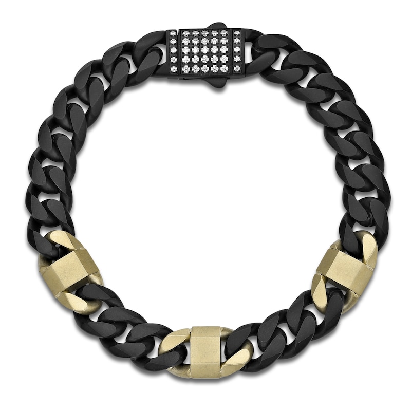 Main Image 2 of Men's White Lab-Created Sapphire Cuban Chain Bracelet Black & Yellow Ion-Plated Stainless Steel 8.5"
