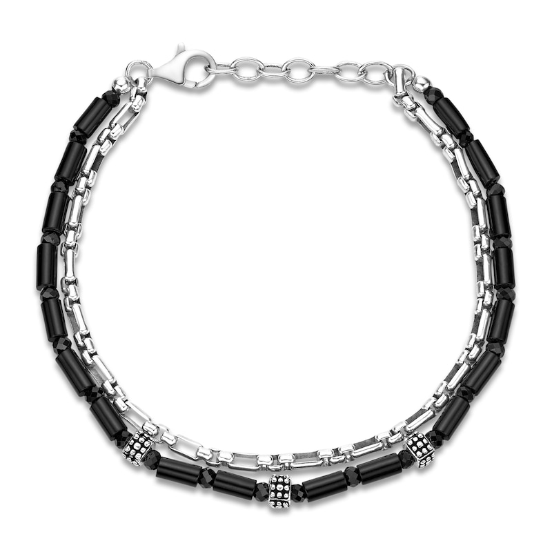 Main Image 1 of Men's Natural Black Agate & Black Spinel Bead Layered Chain Bracelet Sterling Silver 8"