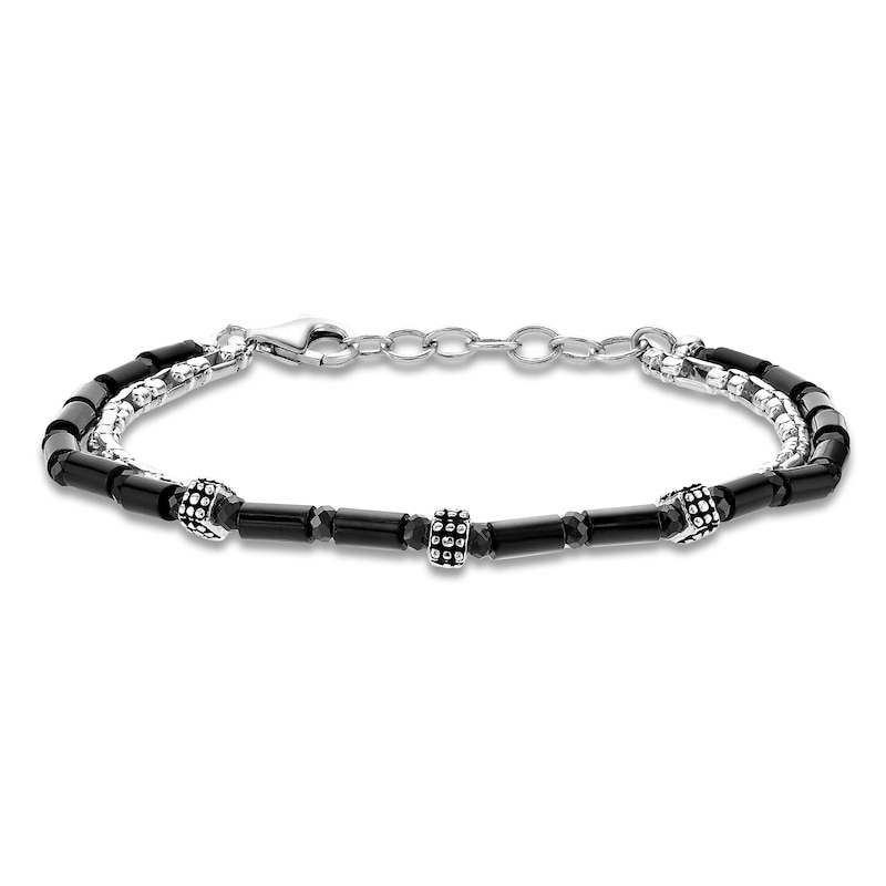 Main Image 2 of Men's Natural Black Agate & Black Spinel Bead Layered Chain Bracelet Sterling Silver 8"