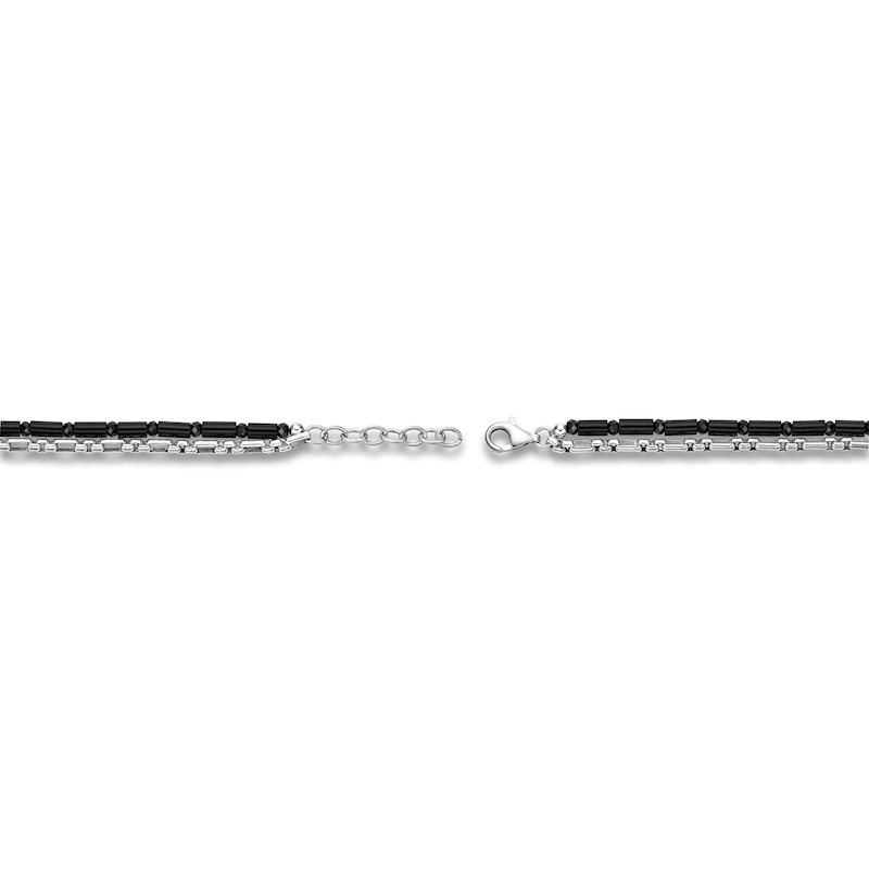 Main Image 3 of Men's Natural Black Agate & Black Spinel Bead Layered Chain Bracelet Sterling Silver 8"