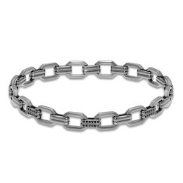 Men's Natural Black Spinel Geometric Link Bracelet Sterling Silver 8.5"
