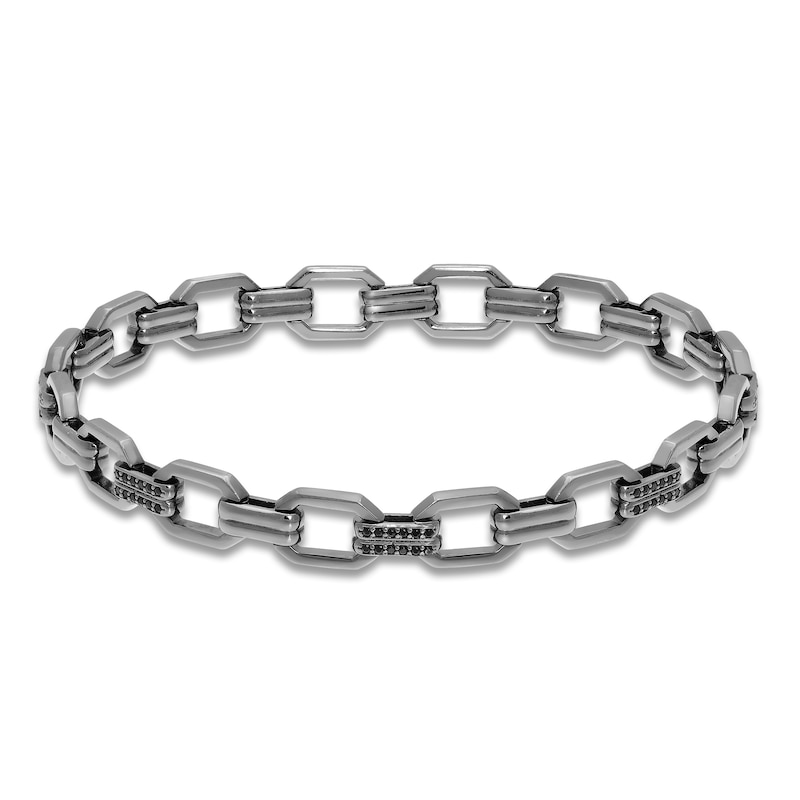 Main Image 1 of Men's Natural Black Spinel Geometric Link Bracelet Sterling Silver 8.5"
