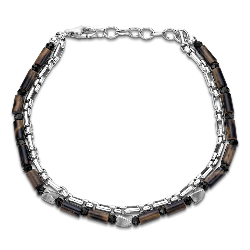 Main Image 1 of Men's Natural Tiger's Eye Quartz & Chalcedony Bead Layered Chain Bracelet Sterling Silver 8"