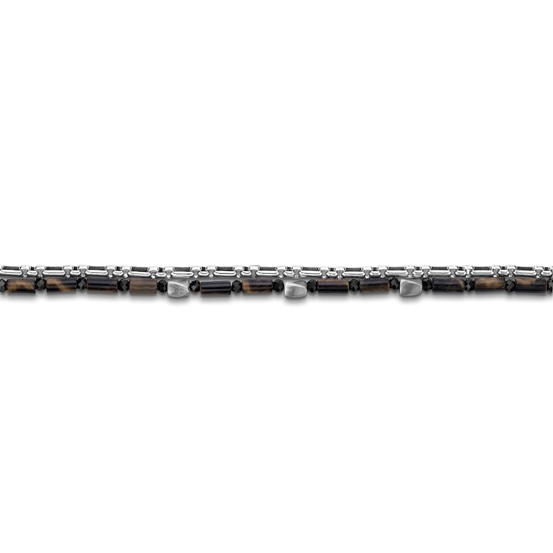 Main Image 3 of Men's Natural Tiger's Eye Quartz & Chalcedony Bead Layered Chain Bracelet Sterling Silver 8"
