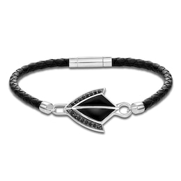 Men's Natural Black Onyx & Black Spinel Arrow Leather Bracelet Sterling Silver 8.5"