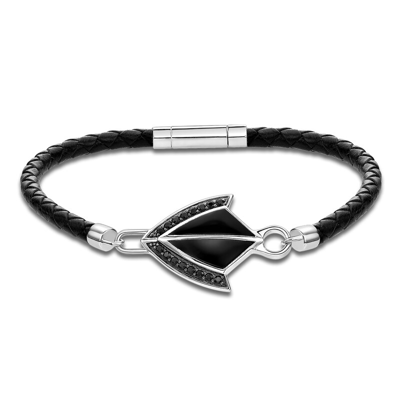 Main Image 1 of Men's Natural Black Onyx & Black Spinel Arrow Leather Bracelet Sterling Silver 8.5"