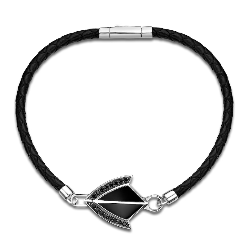 Main Image 2 of Men's Natural Black Onyx & Black Spinel Arrow Leather Bracelet Sterling Silver 8.5"