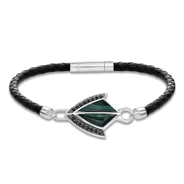 Men's Natural Malachite & Black Spinel Arrow Leather Bracelet Sterling Silver 8.5"