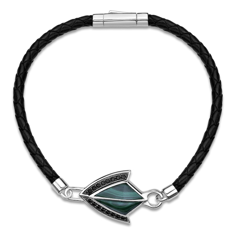 Main Image 2 of Men's Natural Malachite & Black Spinel Arrow Leather Bracelet Sterling Silver 8.5"