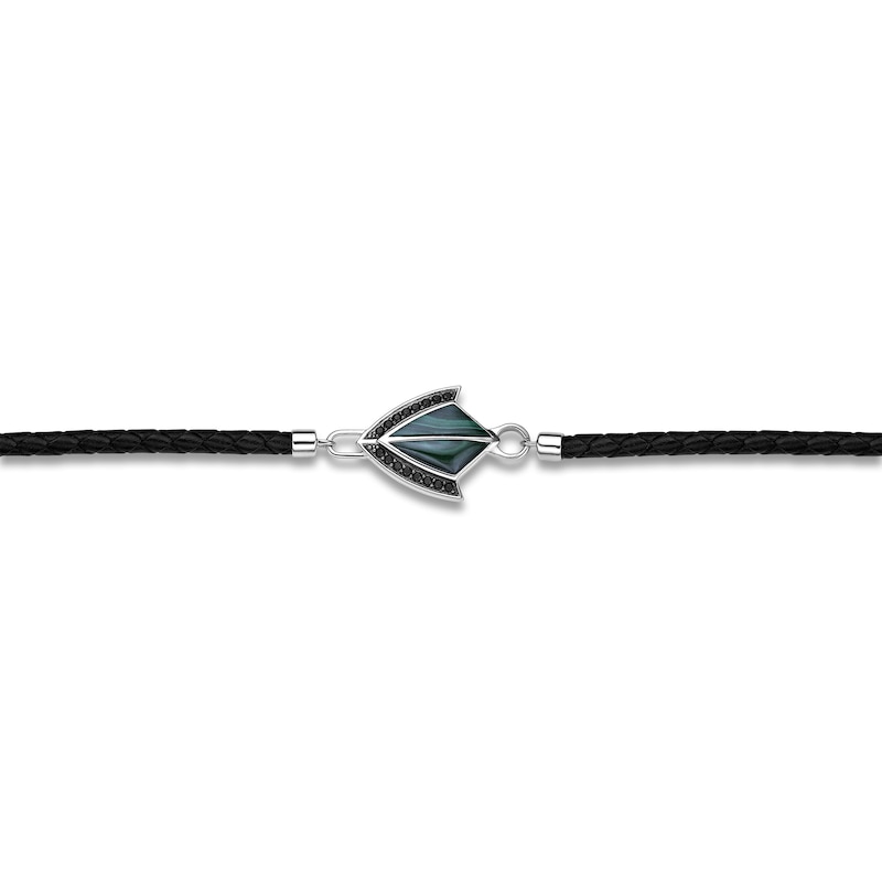 Main Image 3 of Men's Natural Malachite & Black Spinel Arrow Leather Bracelet Sterling Silver 8.5"