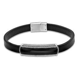 Men's Natural Black Agate Leather Bracelet Sterling Silver 8.5"