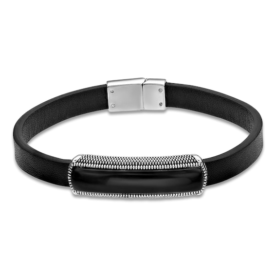 Men's Natural Black Agate Leather Bracelet Sterling Silver 8.5"