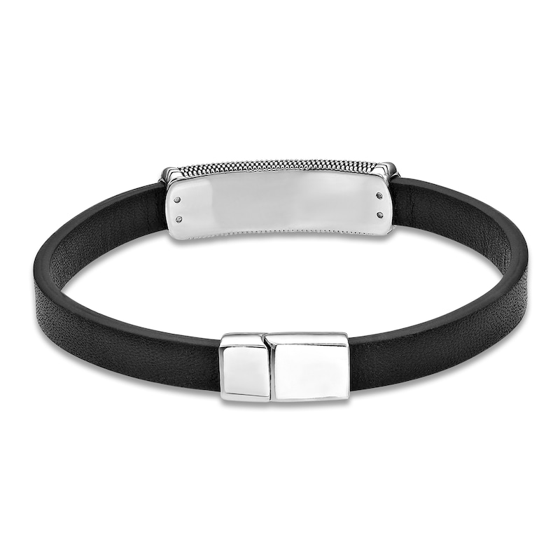 Main Image 2 of Men's Natural Black Agate Leather Bracelet Sterling Silver 8.5"