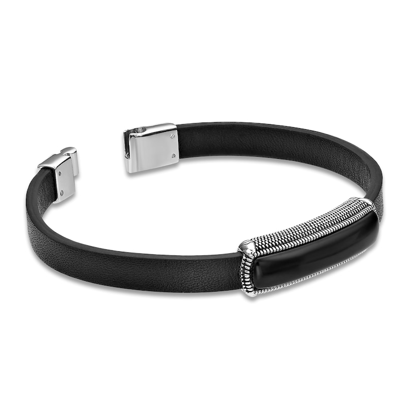 Main Image 3 of Men's Natural Black Agate Leather Bracelet Sterling Silver 8.5"