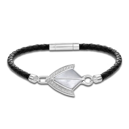 Men's Natural Mother-of-Pearl & White Lab-Created Sapphire Arrow Leather Bracelet Sterling Silver 8.5"