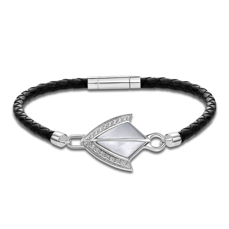 Main Image 1 of Men's Natural Mother-of-Pearl & White Lab-Created Sapphire Arrow Leather Bracelet Sterling Silver 8.5"