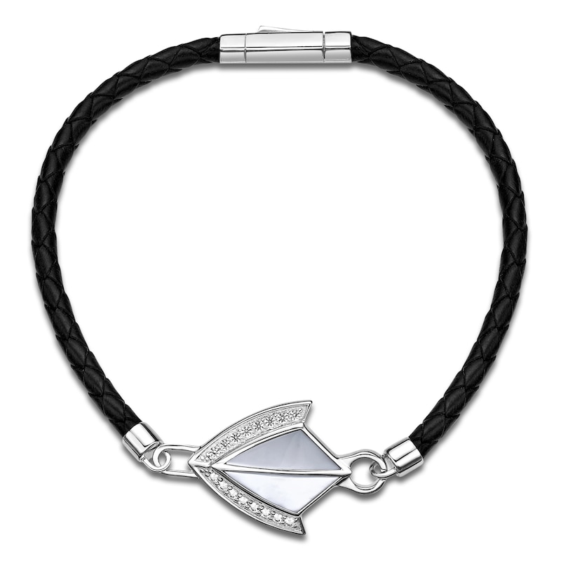 Main Image 2 of Men's Natural Mother-of-Pearl & White Lab-Created Sapphire Arrow Leather Bracelet Sterling Silver 8.5"