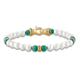 1933 by Esquire Men's Cultured Pearl & Natural Malachite Bead Bracelet 18K Yellow Gold-Plated Sterling Silver 8.75"