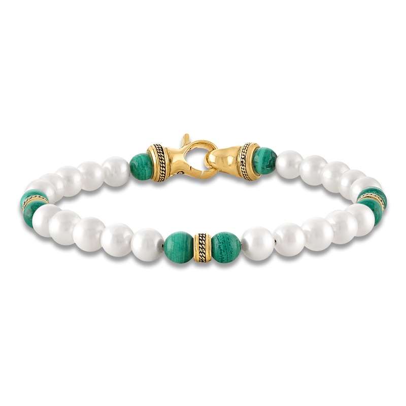 Main Image 1 of 1933 by Esquire Men's Cultured Pearl & Natural Malachite Bead Bracelet 18K Yellow Gold-Plated Sterling Silver 8.75"