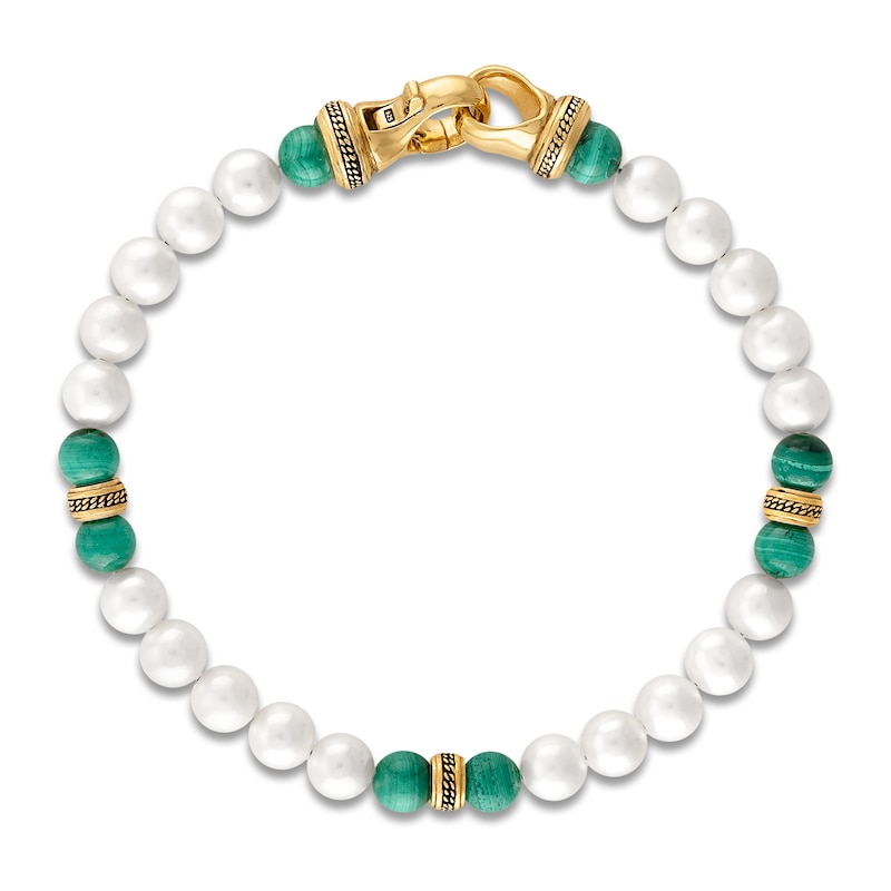 Main Image 2 of 1933 by Esquire Men's Cultured Pearl & Natural Malachite Bead Bracelet 18K Yellow Gold-Plated Sterling Silver 8.75"