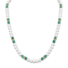 1933 by Esquire Men's Cultured Pearl & Natural Malachite Bead Necklace 18K Yellow Gold-Plated Sterling Silver 22"