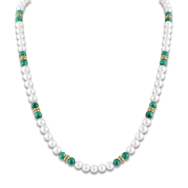 Main Image 1 of 1933 by Esquire Men's Cultured Pearl & Natural Malachite Bead Necklace 18K Yellow Gold-Plated Sterling Silver 22"