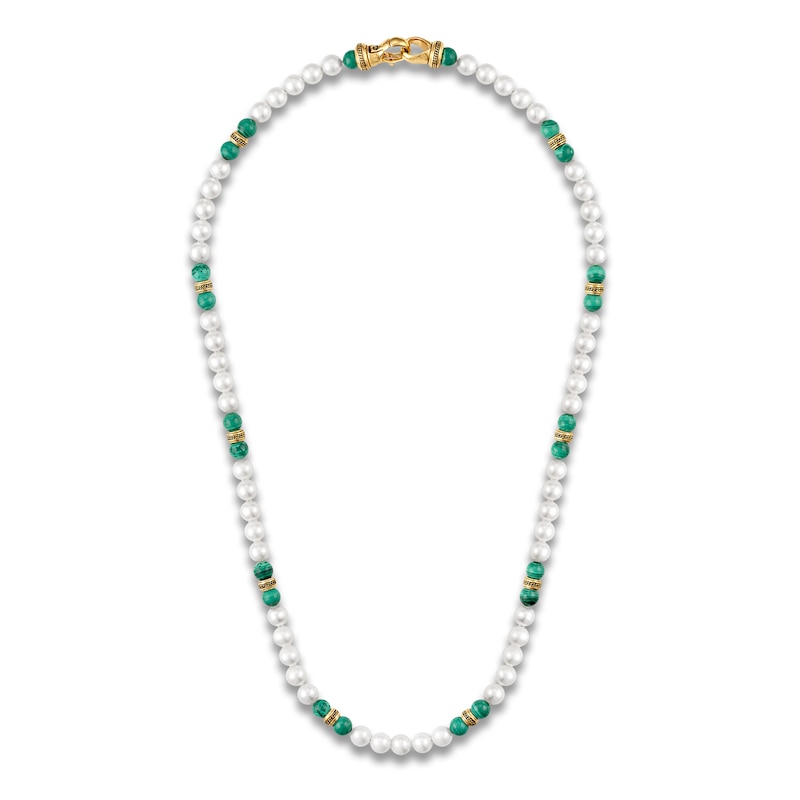 Main Image 2 of 1933 by Esquire Men's Cultured Pearl & Natural Malachite Bead Necklace 18K Yellow Gold-Plated Sterling Silver 22"