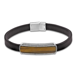 Men's Natural Tiger's Eye & Leather Bracelet Sterling Silver 8.5"