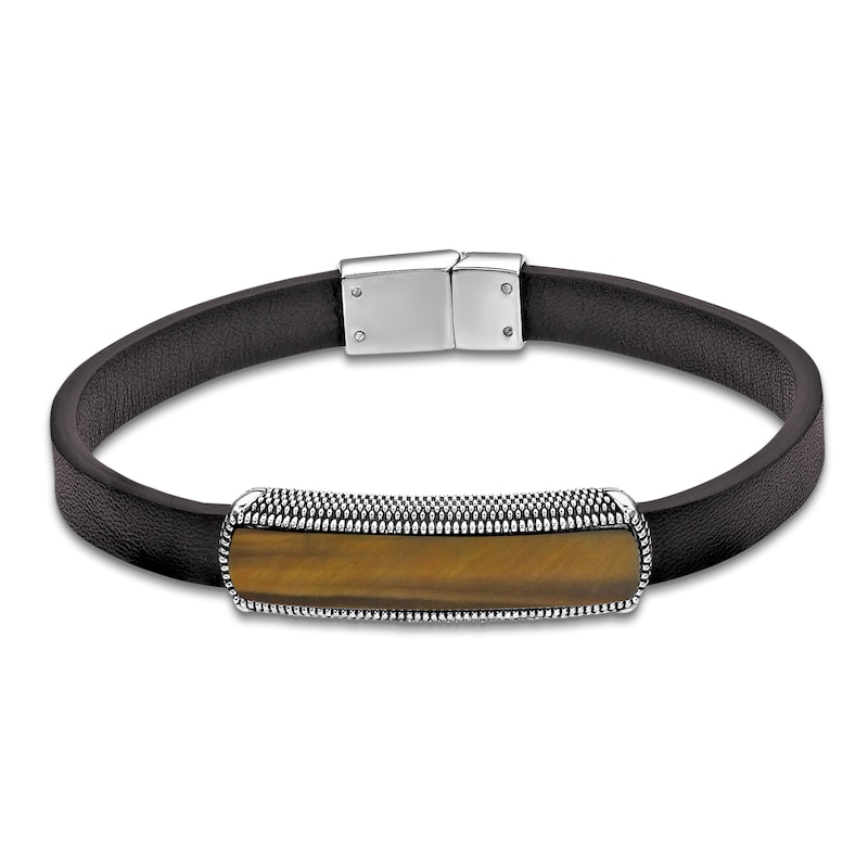 Main Image 1 of Men's Natural Tiger's Eye & Leather Bracelet Sterling Silver 8.5"