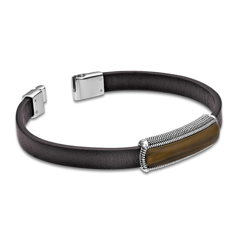 Main Image 2 of Men's Natural Tiger's Eye & Leather Bracelet Sterling Silver 8.5"