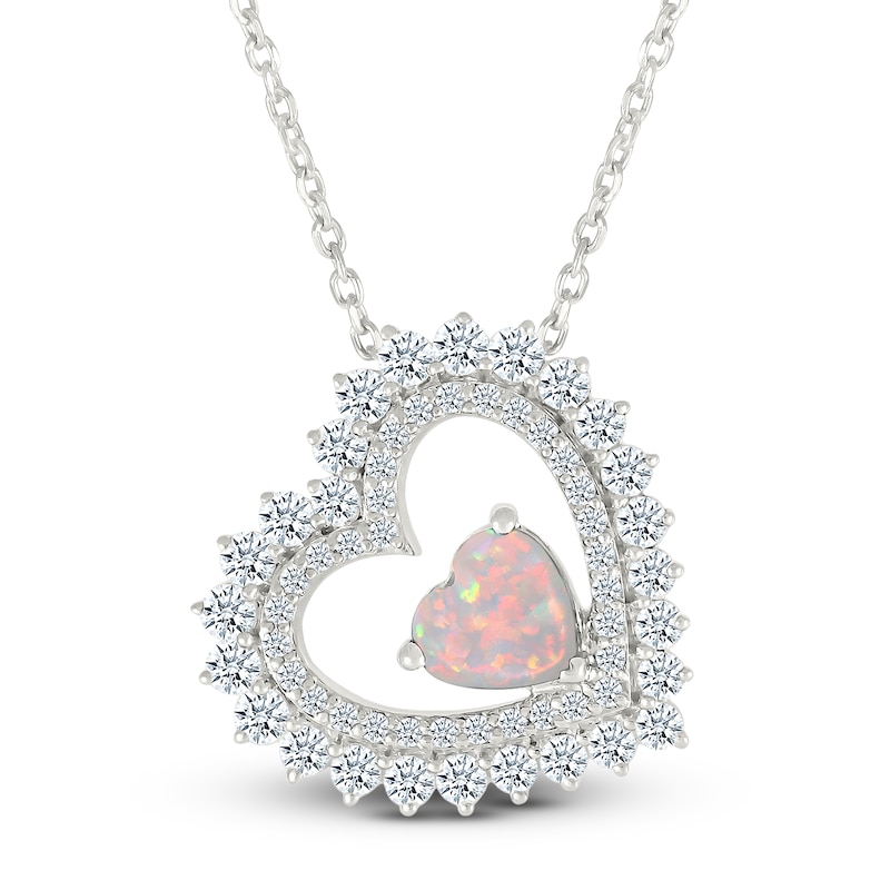 Main Image 1 of Heart-Shaped Lab-Created Opal & White Lab-Created Sapphire Tilted Heart Necklace Sterling Silver 18"