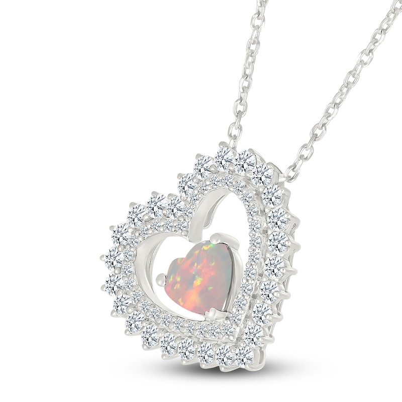 Main Image 2 of Heart-Shaped Lab-Created Opal & White Lab-Created Sapphire Tilted Heart Necklace Sterling Silver 18"