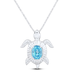 Oval-Cut Natural Swiss Blue Topaz Turtle Necklace Sterling Silver 18"