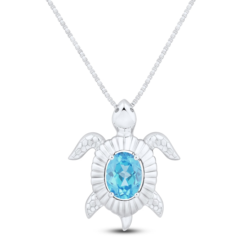 Main Image 1 of Oval-Cut Natural Swiss Blue Topaz Turtle Necklace Sterling Silver 18"