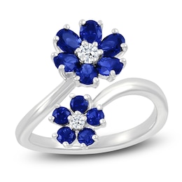Oval-Cut Blue Lab-Created Sapphire & White Lab-Created Sapphire Bypass Flower Ring Sterling Silver