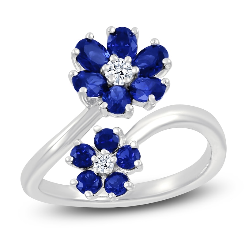 Main Image 1 of Oval-Cut Blue Lab-Created Sapphire & White Lab-Created Sapphire Bypass Flower Ring Sterling Silver