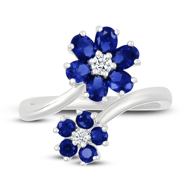 Main Image 3 of Oval-Cut Blue Lab-Created Sapphire & White Lab-Created Sapphire Bypass Flower Ring Sterling Silver