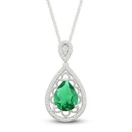 Pear-Shaped Lab-Created Emerald & Diamond Filigree Necklace 1/10 ct tw Sterling Silver 18"
