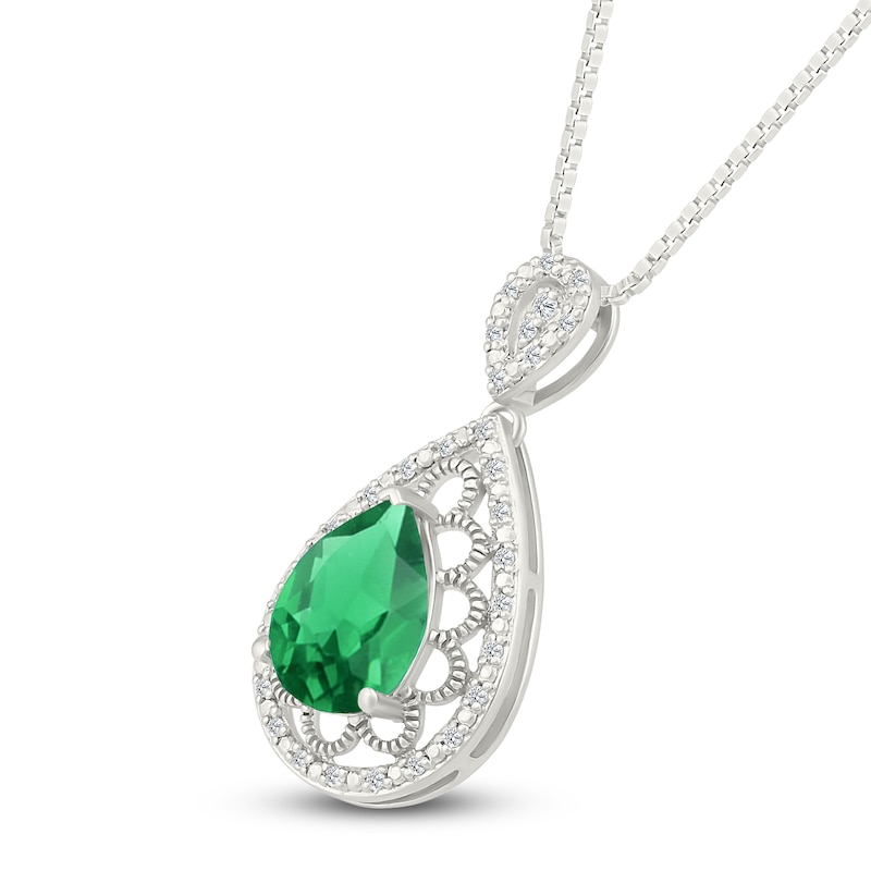 Main Image 2 of Pear-Shaped Lab-Created Emerald & Diamond Filigree Necklace 1/10 ct tw Sterling Silver 18"