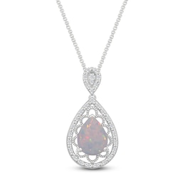 Pear-Shaped Lab-Created Opal & Diamond Necklace 1/10 ct tw Sterling Silver 18"