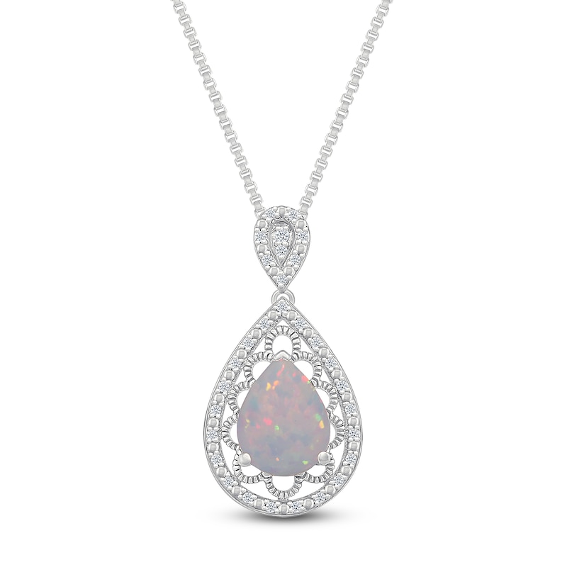 Main Image 1 of Pear-Shaped Lab-Created Opal & Diamond Necklace 1/10 ct tw Sterling Silver 18"