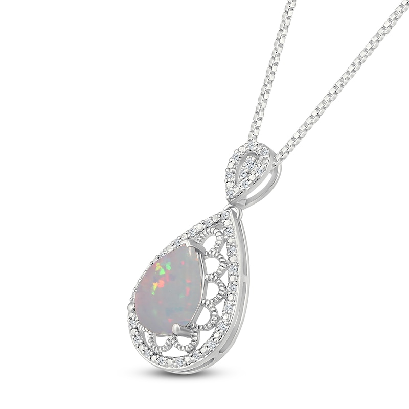 Main Image 2 of Pear-Shaped Lab-Created Opal & Diamond Necklace 1/10 ct tw Sterling Silver 18"